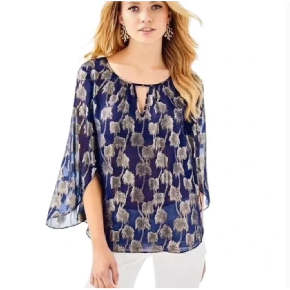 Lilly Pulitzer Navy and Metallic Gold Palm Tree Blouse - size Small